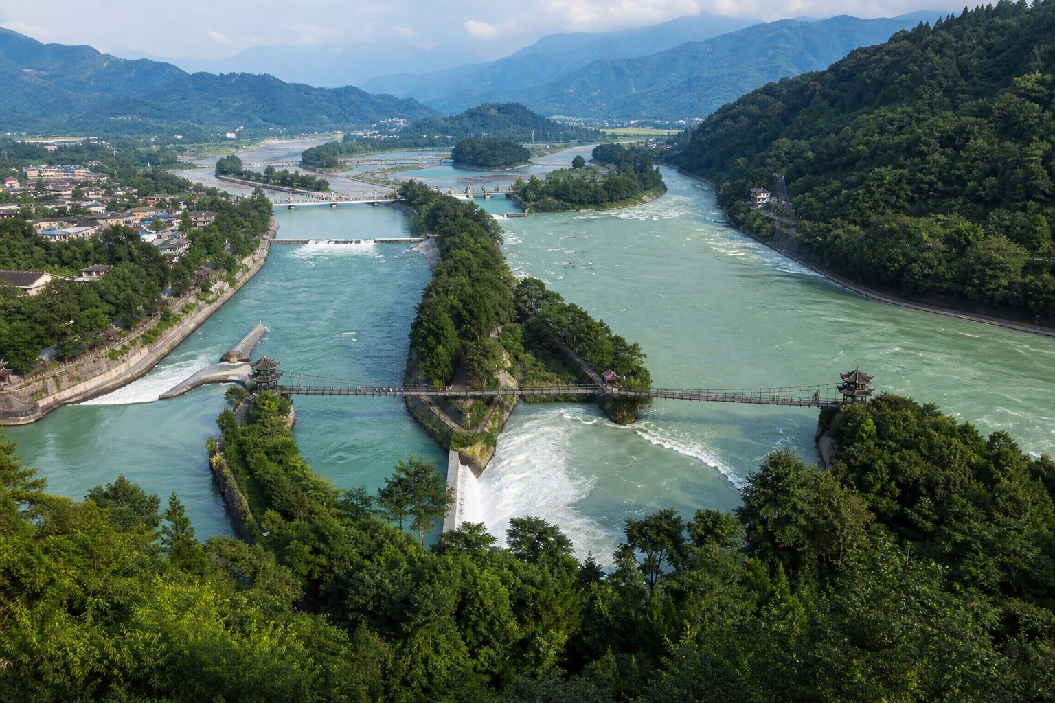 Min River dividing through green embankments at Dujiangyan's ancient irrigation system