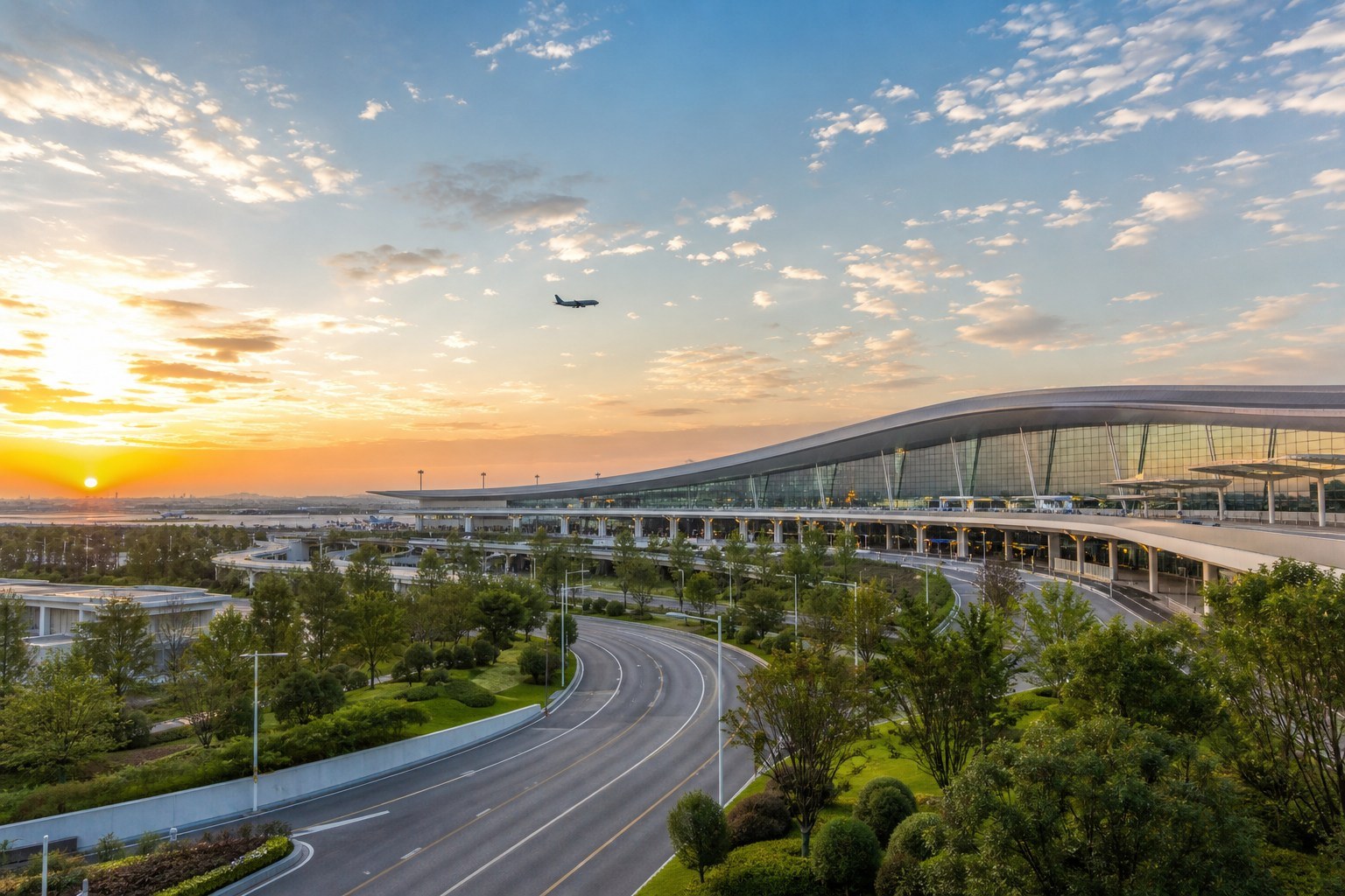 Modern Chengdu Tianfu airport terminal at sunrise with an aircraft in the distance