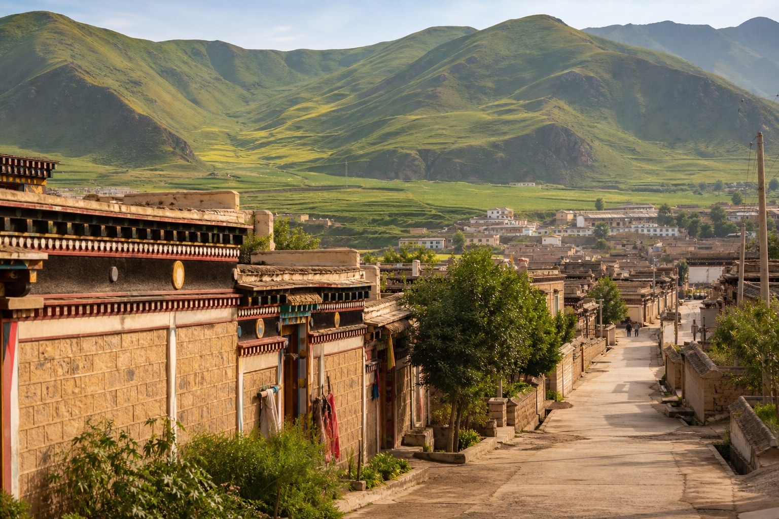 Traditional Xiahe artisan lane and grassland hills on the road back to Lanzhou
