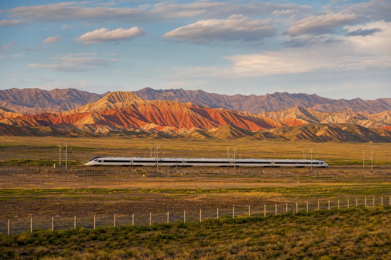High-speed train crossing the Hexi Corridor toward Zhangye Rainbow Mountains