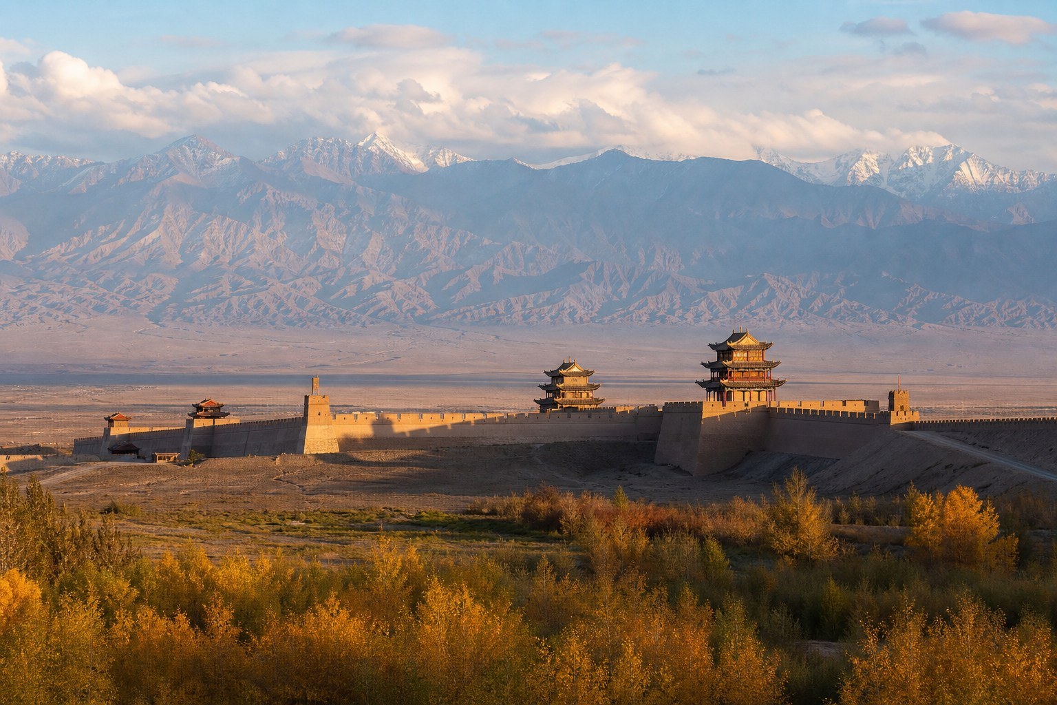 Jiayuguan pass city and desert walls in golden autumn light