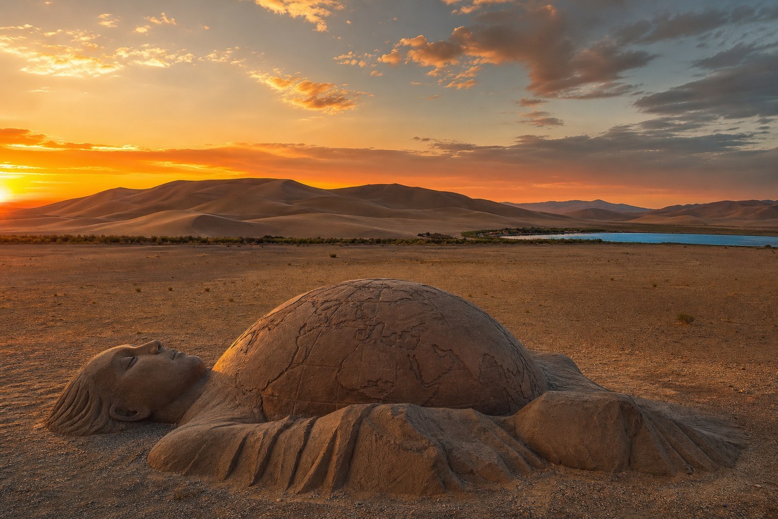 Guazhou Earth sculpture across the Gobi leading toward Dunhuang's Mingsha dunes
