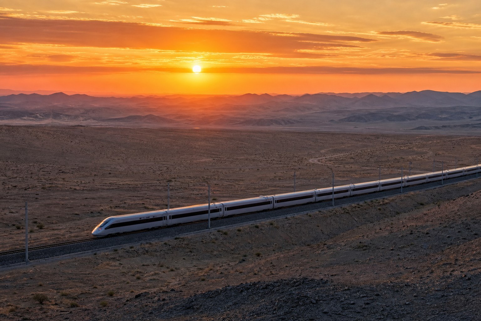 High-speed train crossing the Gobi from Liuyuan toward Turpan at sunset