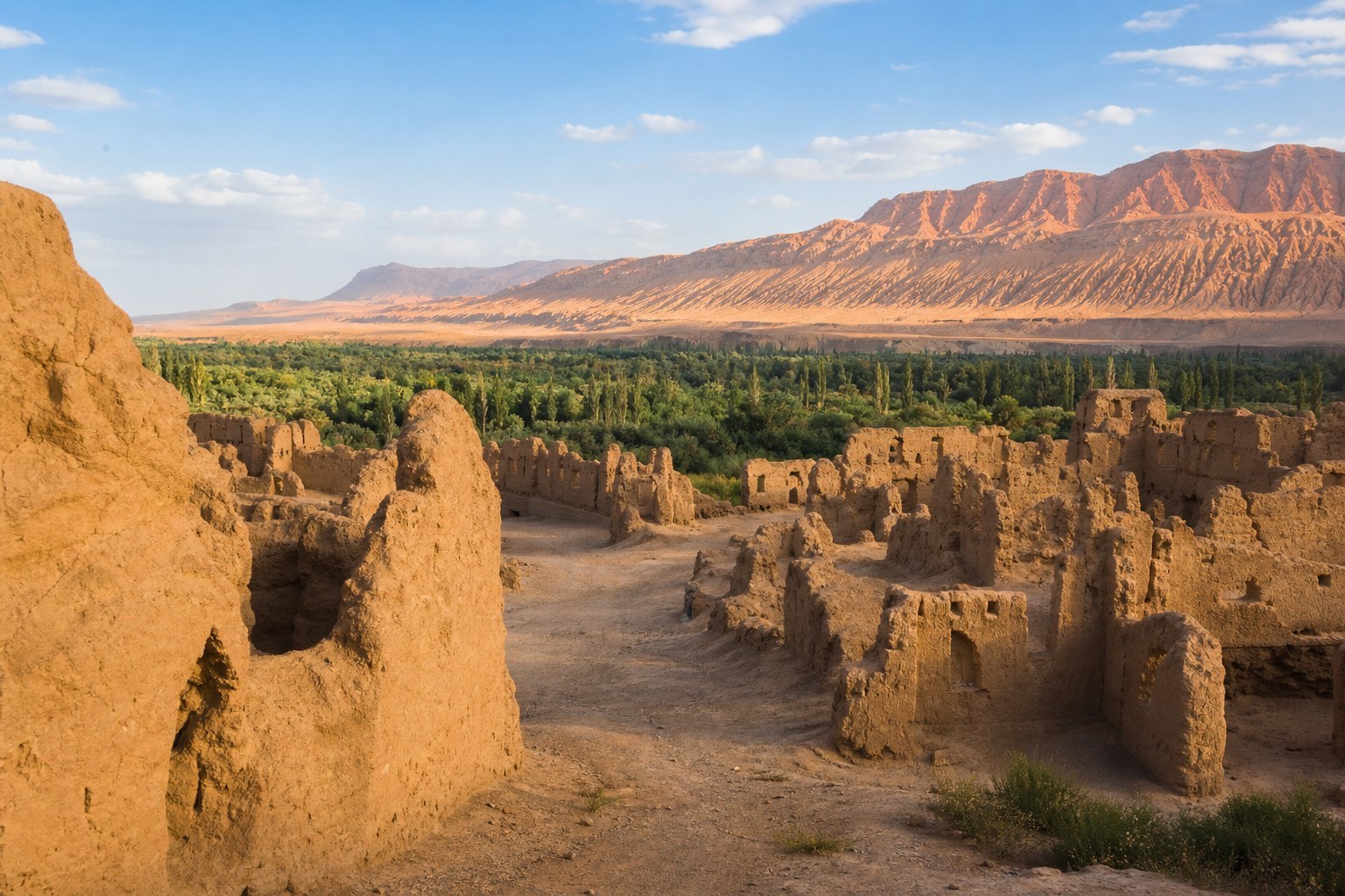 Earthen streets of Jiaohe Ancient City above the green Turpan oasis