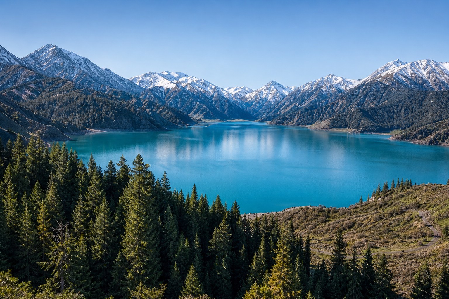 Turquoise Tianchi Lake and snow-capped Tianshan peaks from an elevated viewpoint