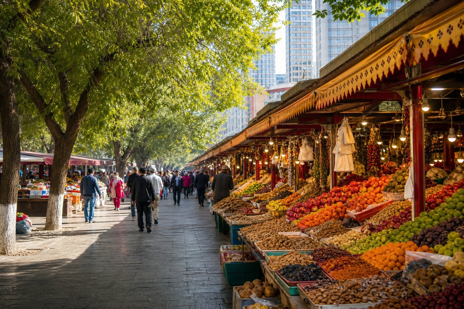 Colorful fruit, nuts and produce stalls along a leafy secular market street in Urumqi