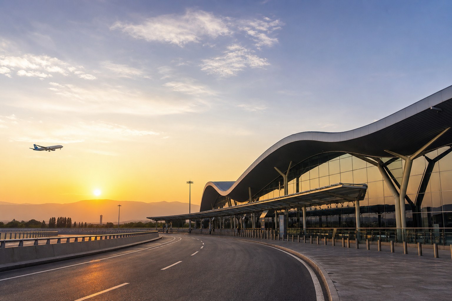 Modern Urumqi airport terminal at sunrise with an aircraft in the distance