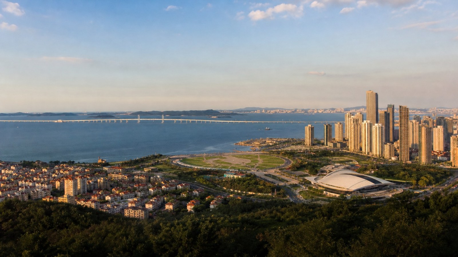 Dalian city, Xinghai Square and bay viewed from Lianhua Mountain