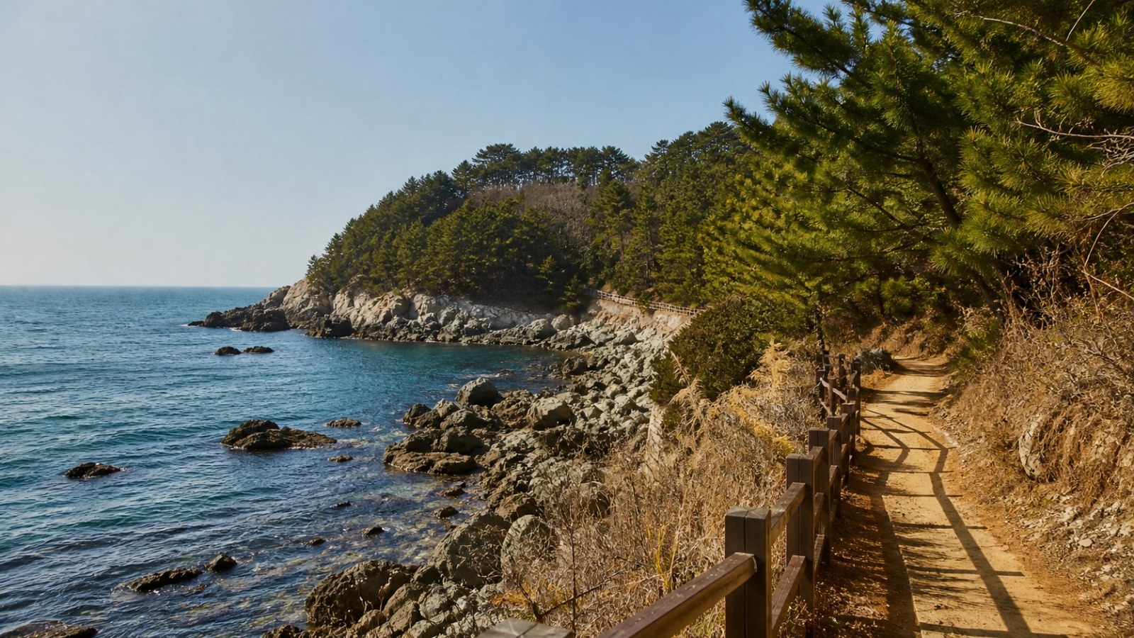 Rocky shoreline and wooded headland at Bangchuidao near Dalian