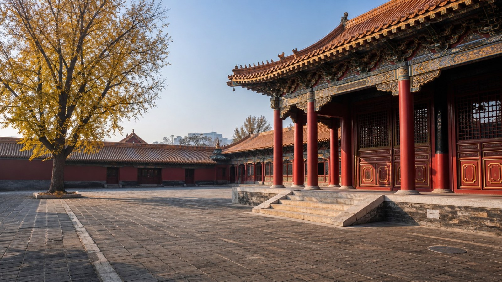 Secular courtyard architecture at Shenyang Imperial Palace in autumn