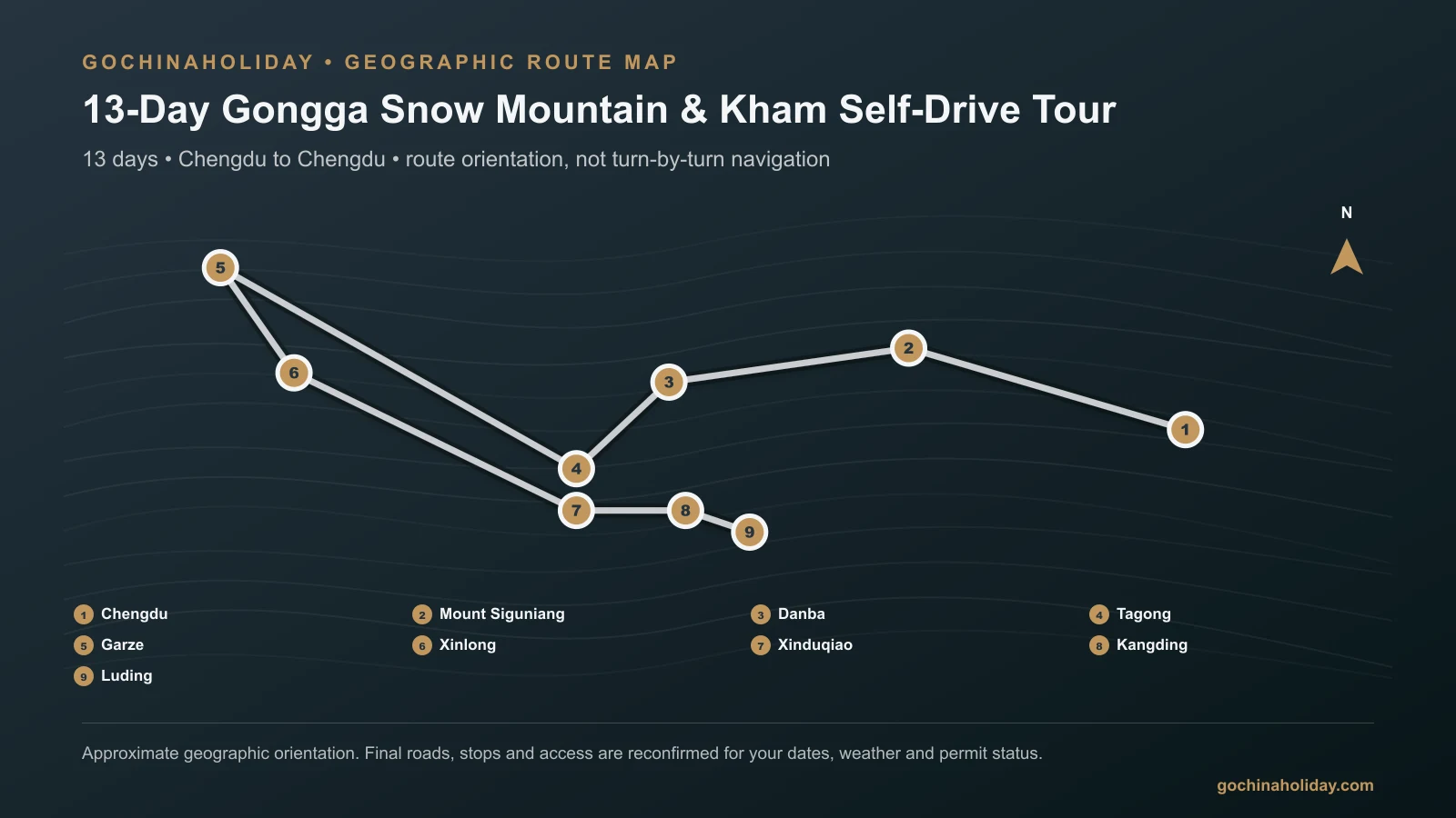 Geographic route map for 13-Day Gongga Snow Mountain & Kham Self-Drive Tour