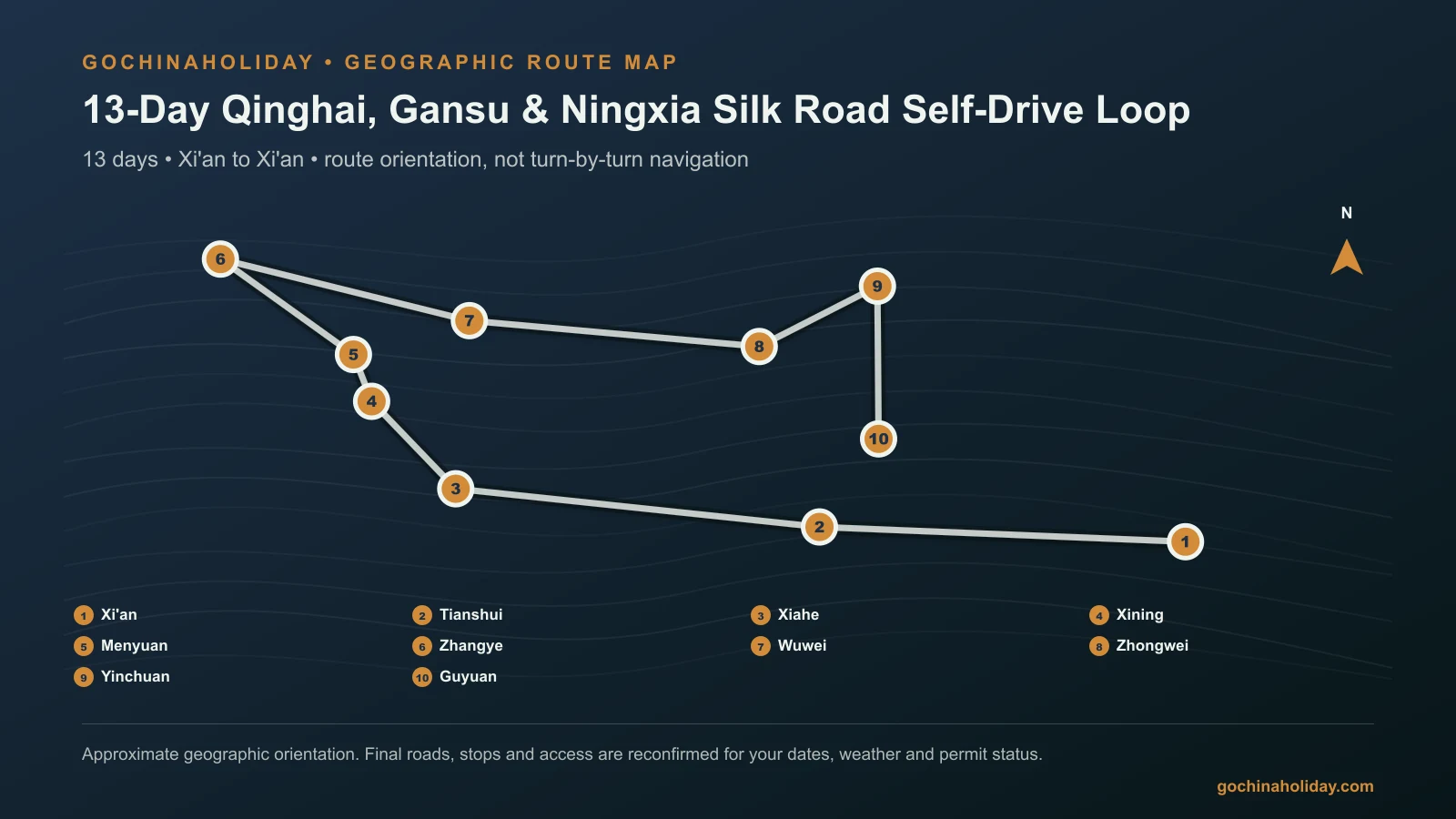 Geographic route map for 13-Day Qinghai, Gansu & Ningxia Silk Road Self-Drive Loop