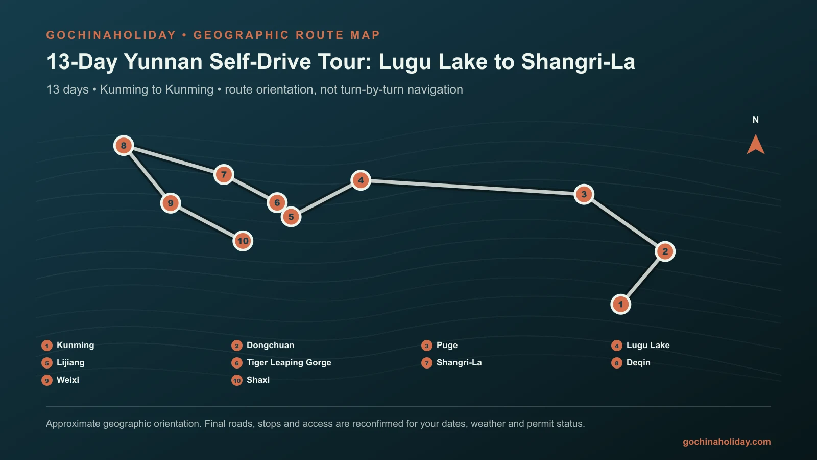 Geographic route map for 13-Day Yunnan Self-Drive Tour: Lugu Lake to Shangri-La