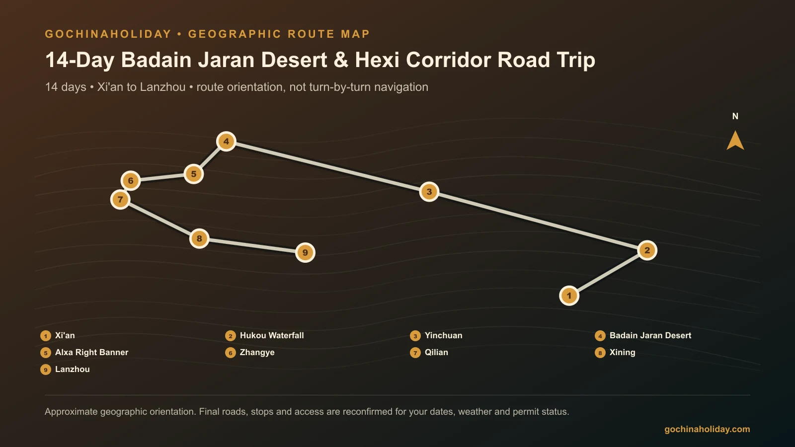 Geographic route map for 14-Day Badain Jaran Desert & Hexi Corridor Road Trip