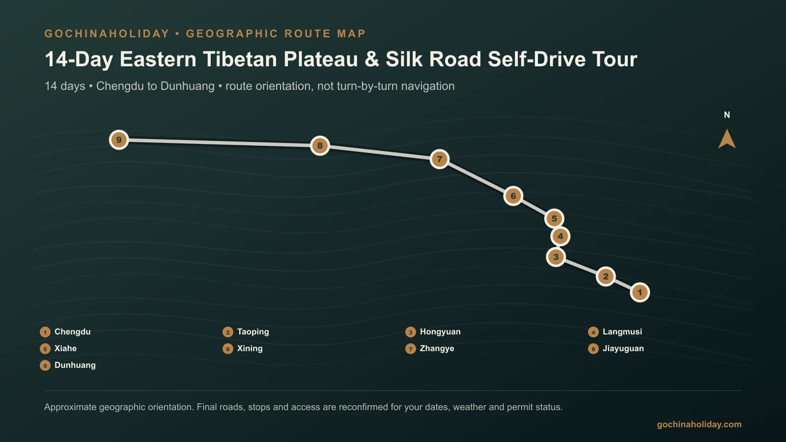 Geographic route map for 14-Day Eastern Tibetan Plateau & Silk Road Self-Drive Tour
