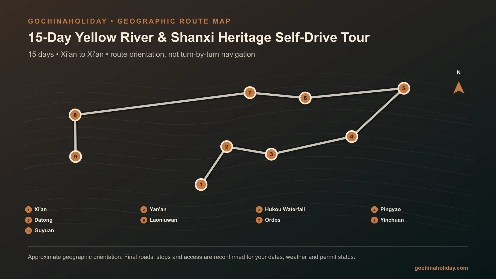 Geographic route map for 15-Day Yellow River & Shanxi Heritage Self-Drive Tour