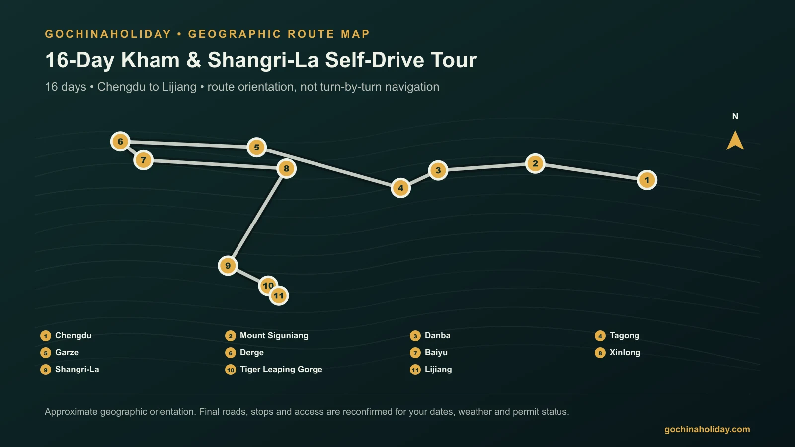 Geographic route map for 16-Day Kham & Shangri-La Self-Drive Tour