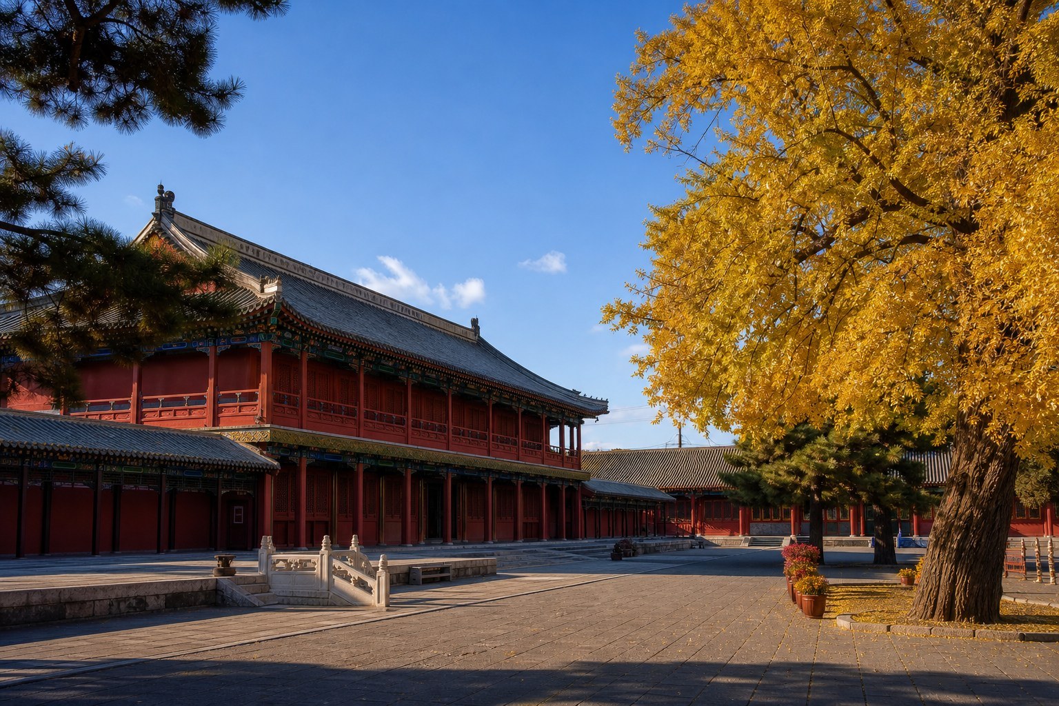 Grand secular palace courtyard with red timber halls and autumn trees in Shenyang