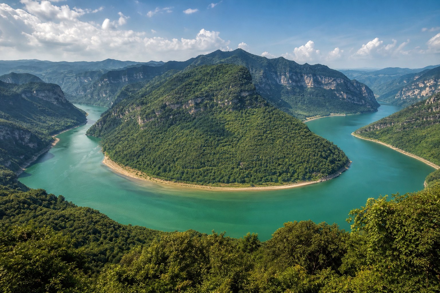 Hunjiang River curving around a forested mountain ridge near Kuandian and Ji'an