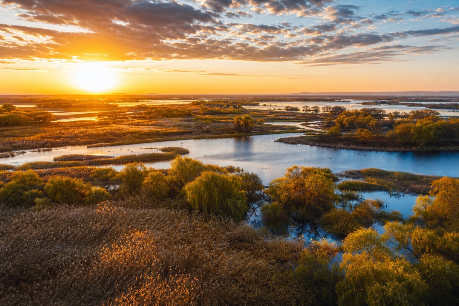 Sunrise over braided waterways and golden reed wetlands near Fuyuan