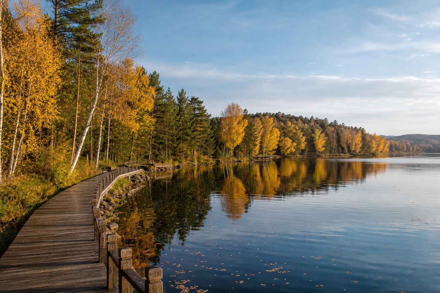 Tianshui Lake surrounded by autumn birch and pine forest near Hegang