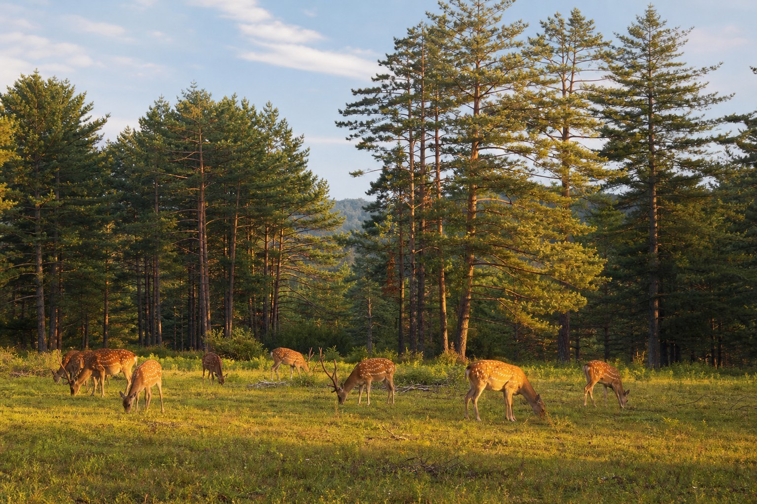 Sika deer grazing in a sunlit meadow at the edge of Jinshantun forest