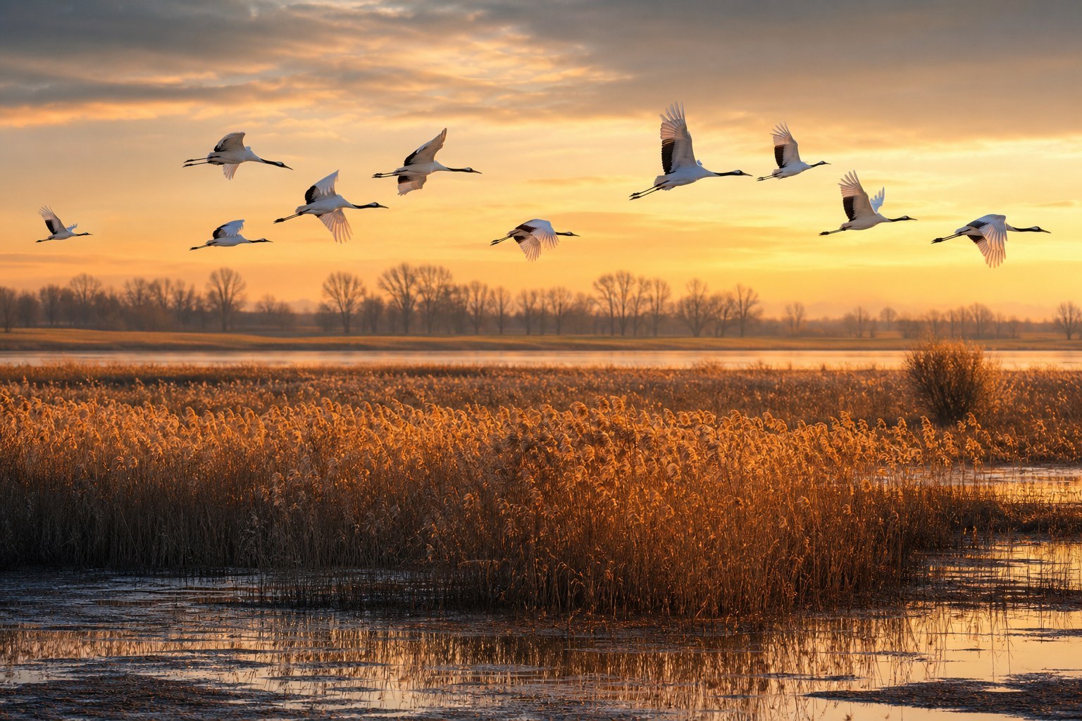 Red-crowned cranes flying above golden reeds at Zhalong National Nature Reserve