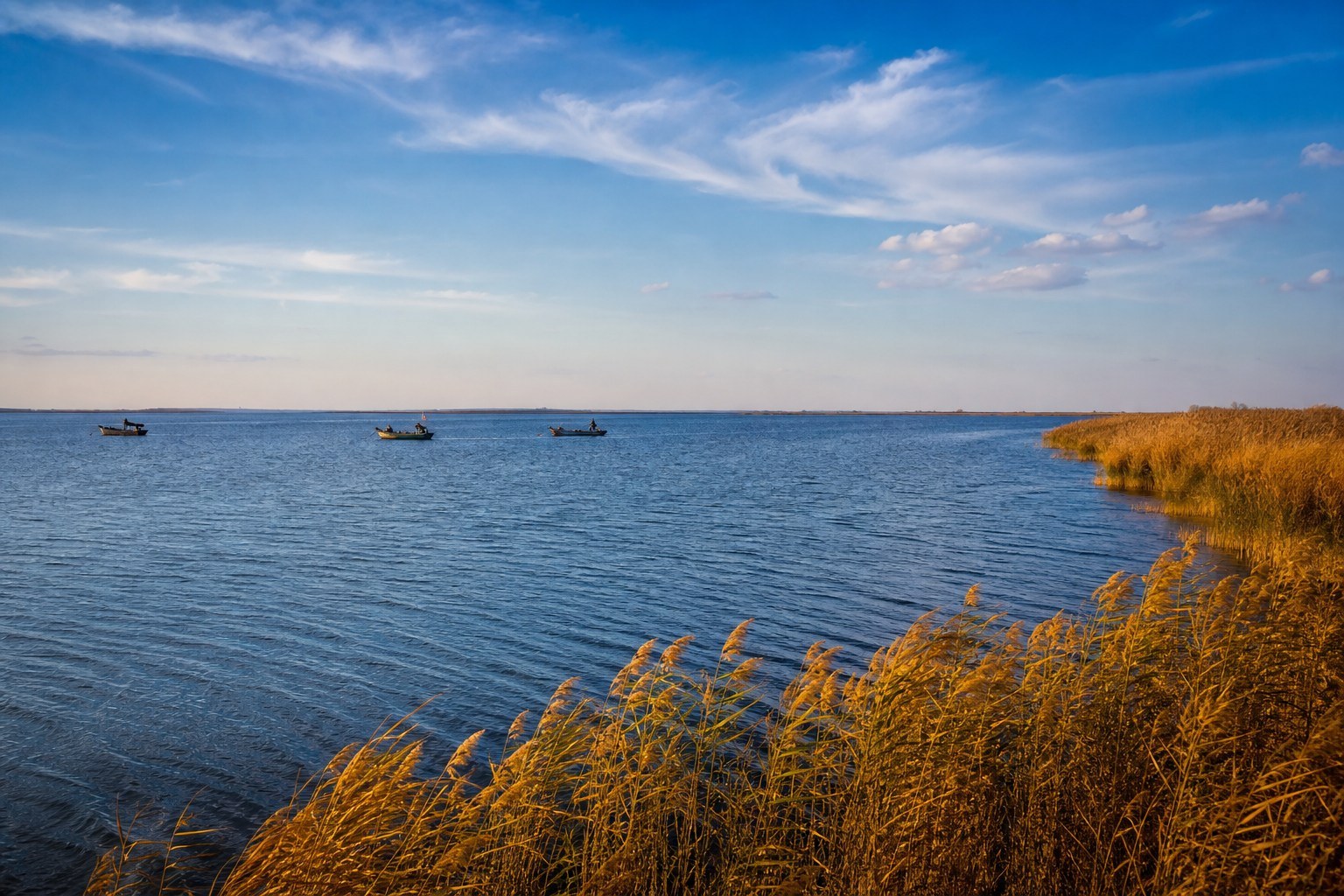 Chagan Lake, golden reed shoreline and distant fishing boats under a wide autumn sky