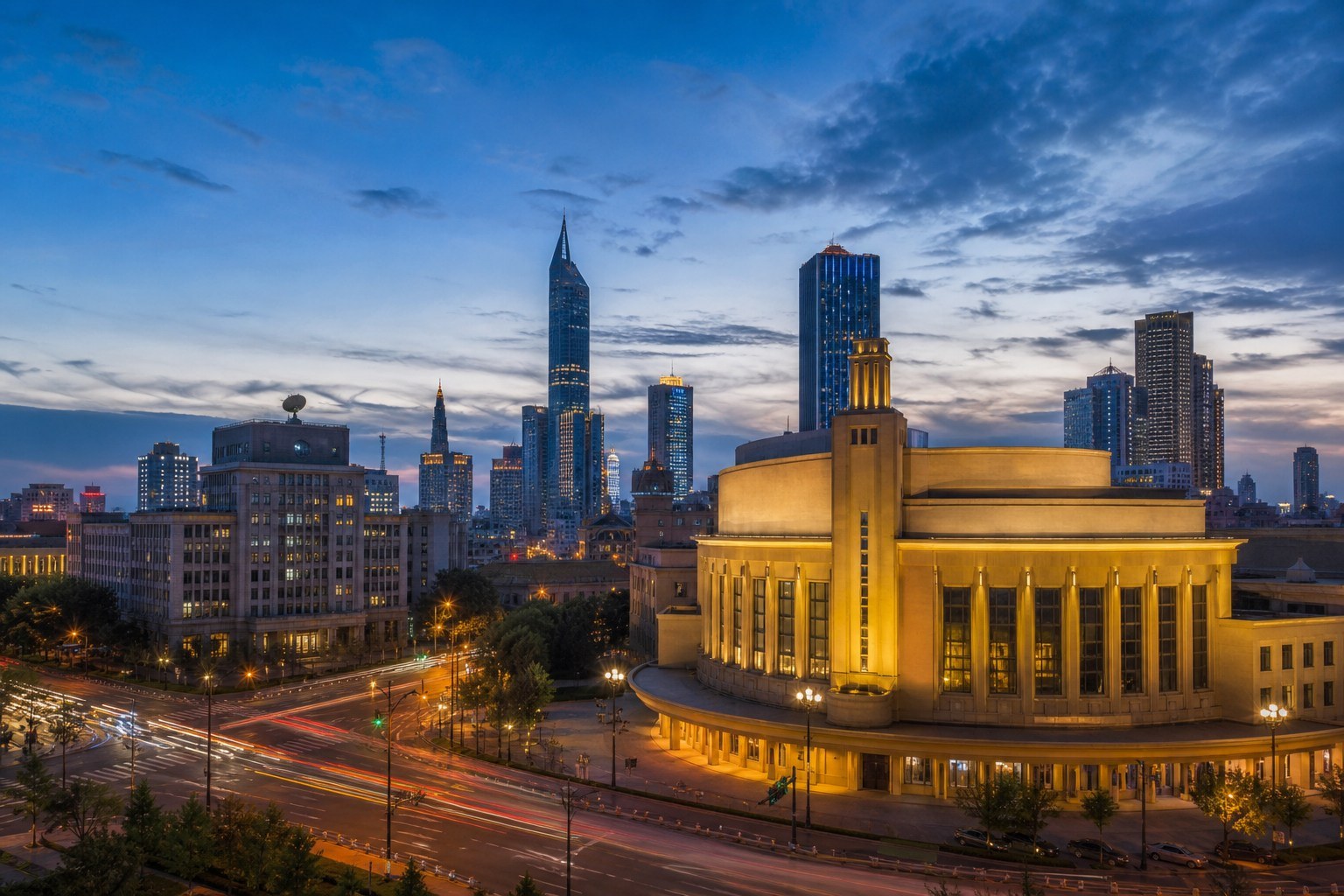 Mid-century cinema architecture and Changchun's modern skyline at blue hour