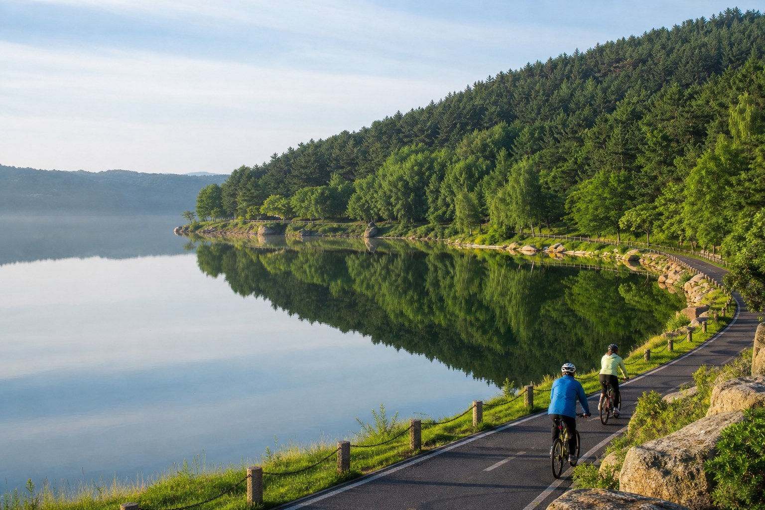 Calm Jingyuetan lake reflecting dense green forest beside a lakeside path