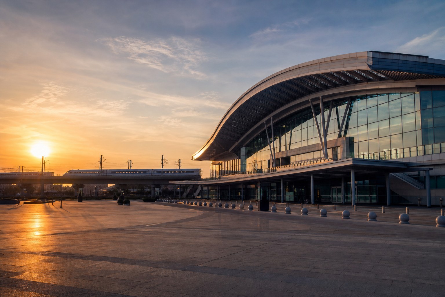 Modern Changchun railway station at sunrise with a high-speed train in the distance
