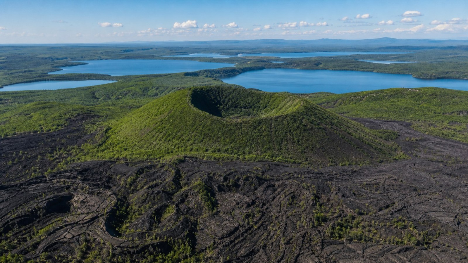 Lava fields, crater cone and lakes at Wudalianchi volcanic park