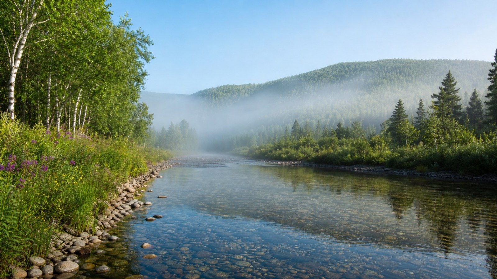 Clear forest river in the Greater Khingan Mountains between Mohe and Genhe