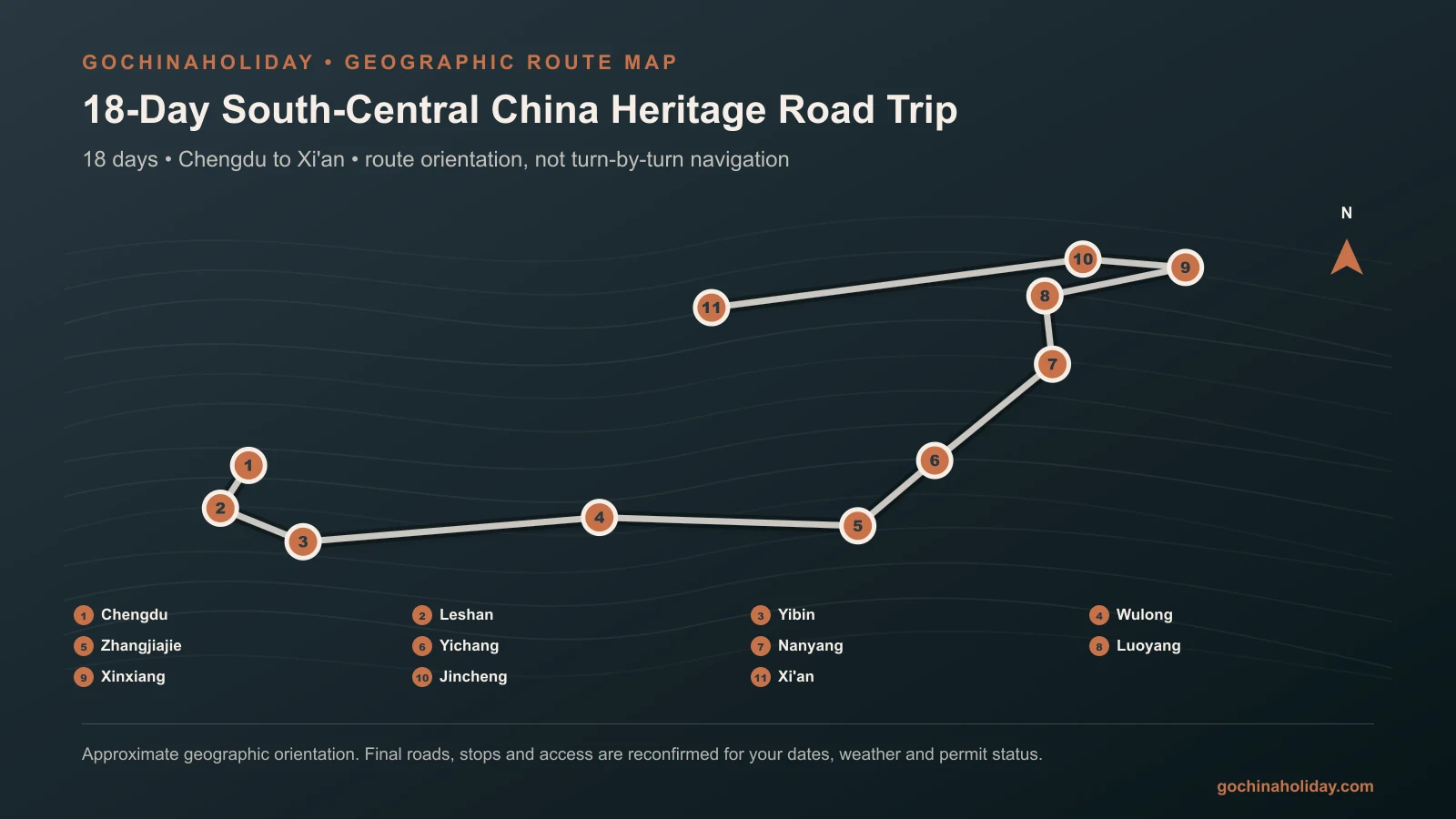 Geographic route map for 18-Day South-Central China Heritage Road Trip
