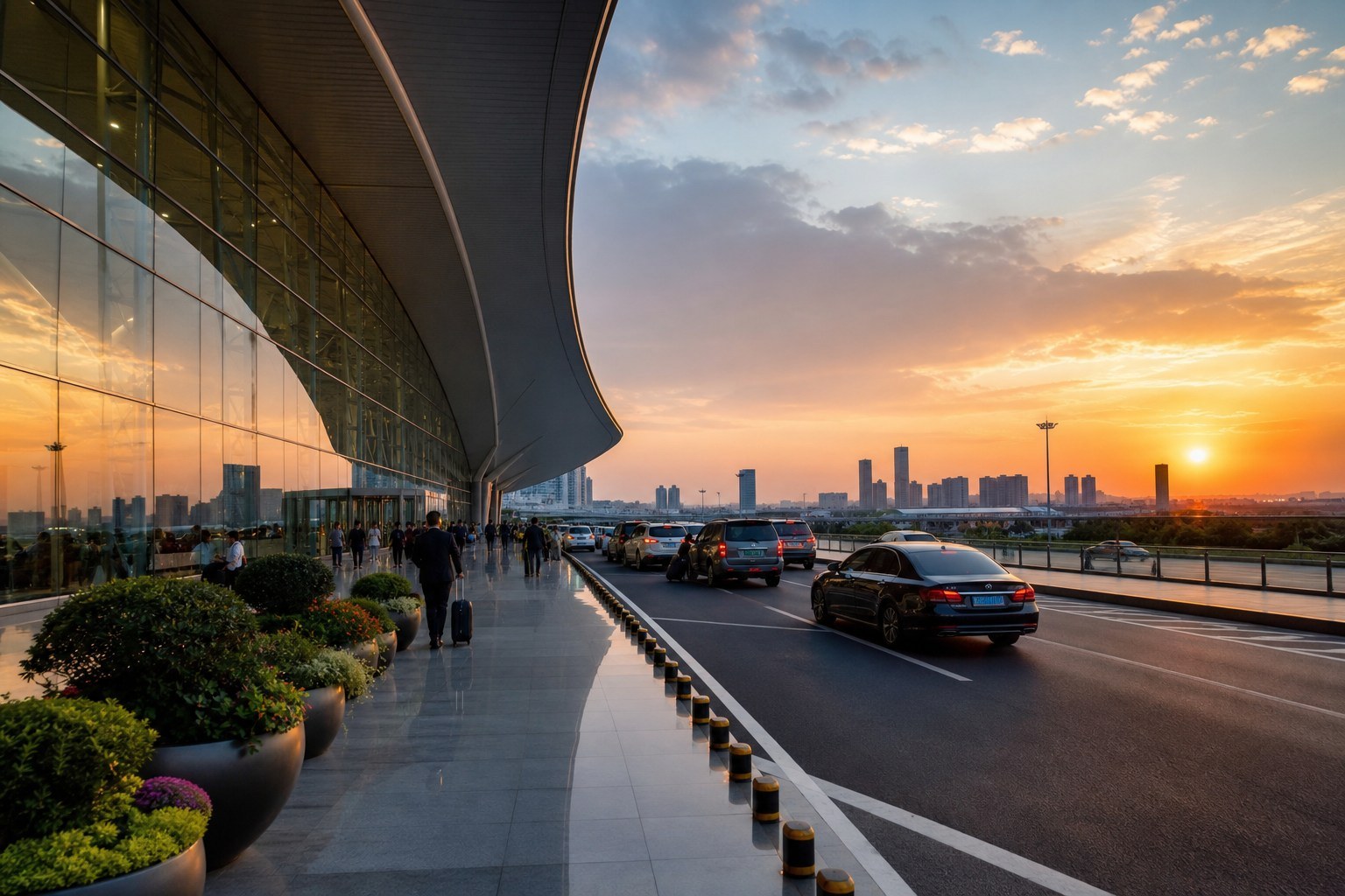 Modern Shenyang airport exterior and landscaped approach road at sunset