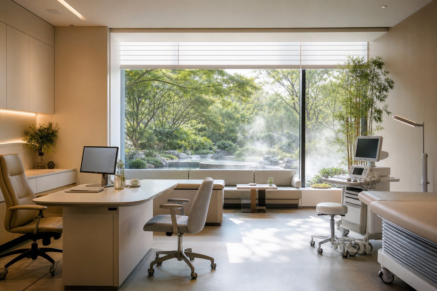 Calm modern private screening room overlooking landscaped wellness greenery