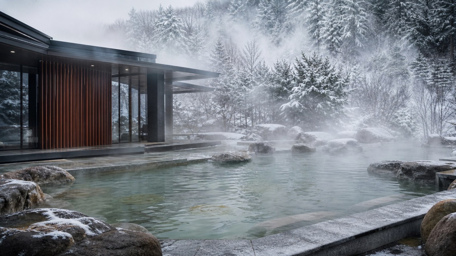 Contemporary outdoor hot spring in a snowy forest near Shenyang