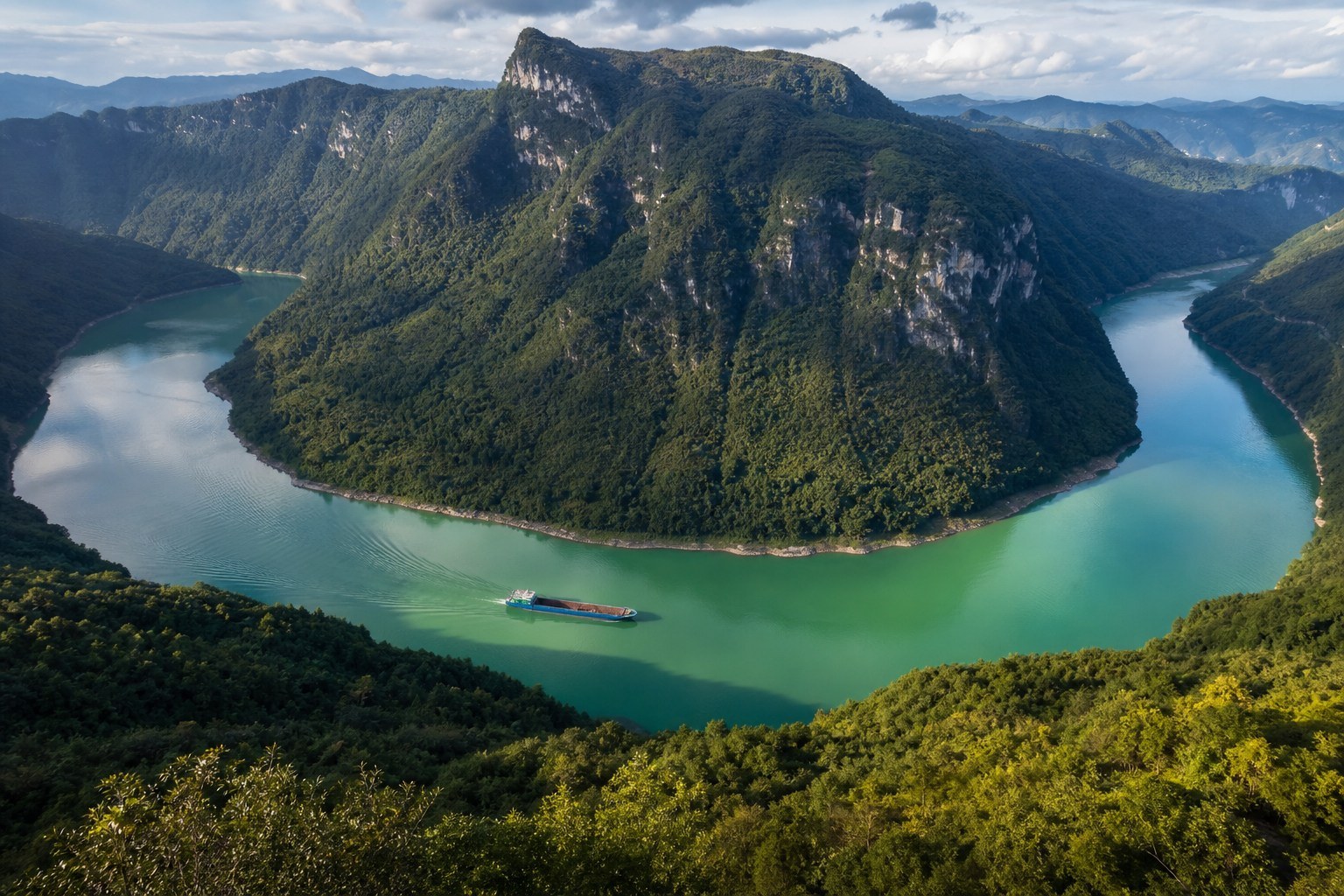 Emerald Hunjiang River looping around a steep forested ridge near Ji'an