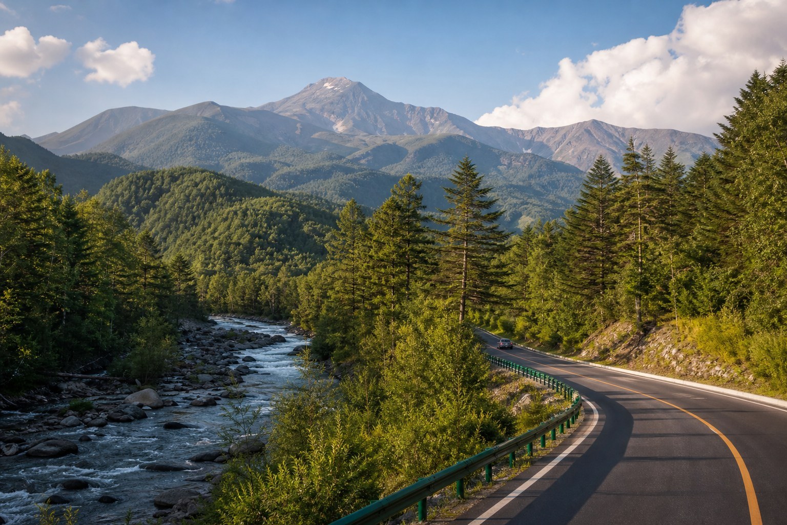 Forested road, clear stream and distant Changbai peaks between Ji'an and Changbai Mountain