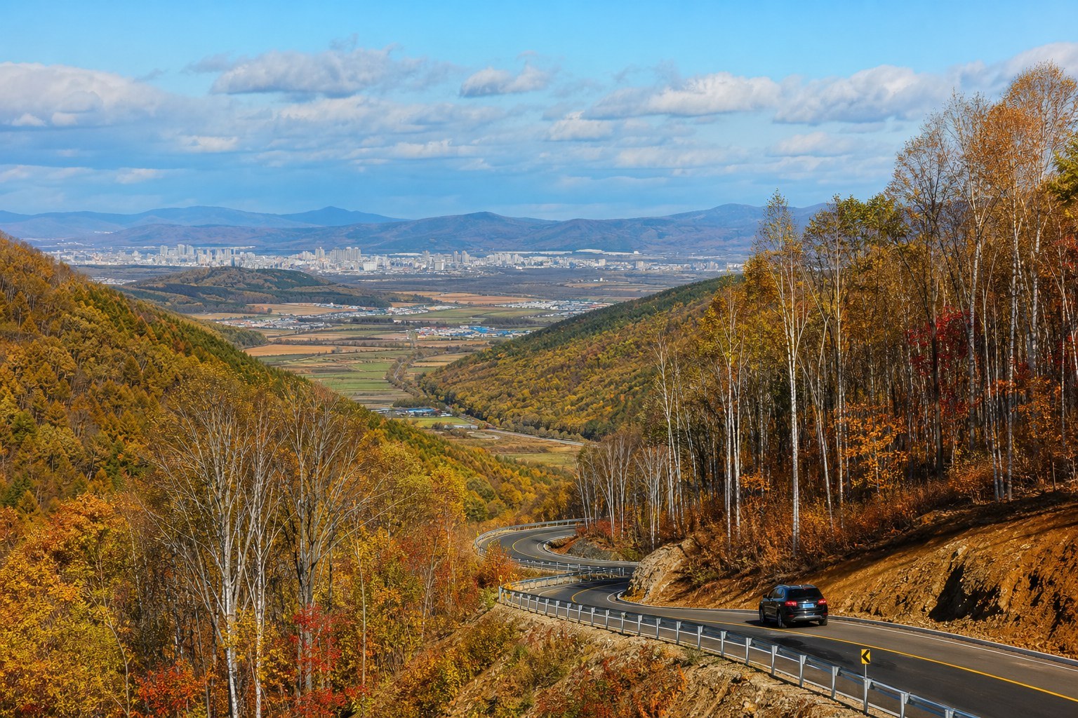 Autumn road through the mountains near Helong toward Yanji