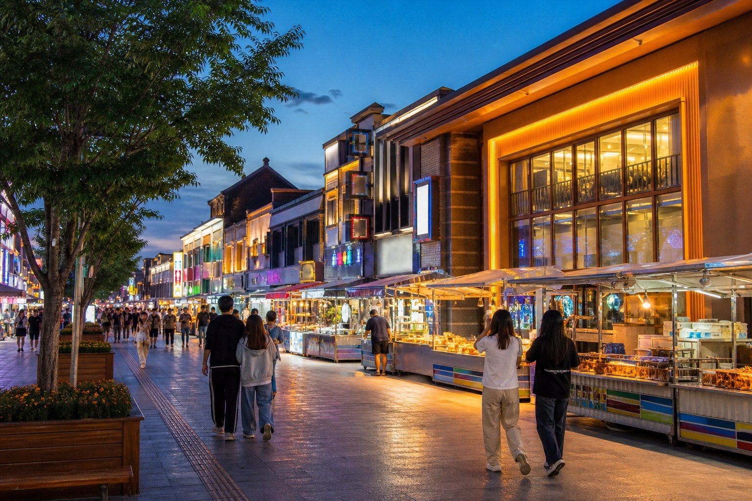 Lively secular pedestrian street and local food market in Yanji at evening