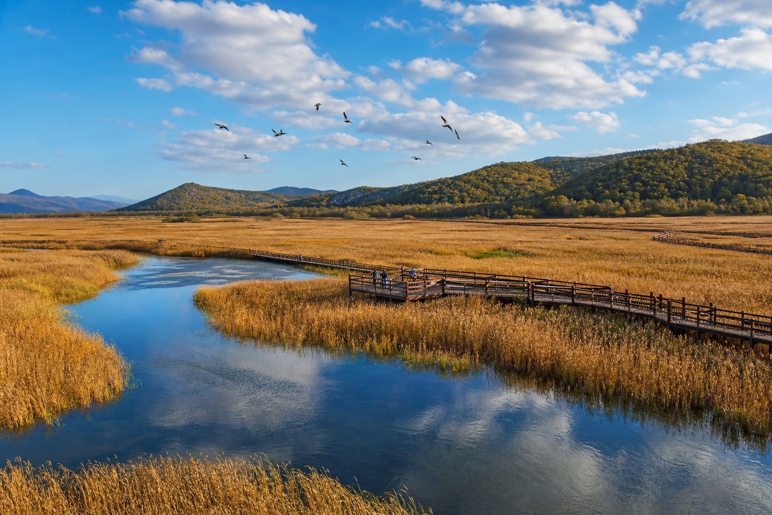 Boardwalk through reed marsh and reflective channels at Fangchuan wetland