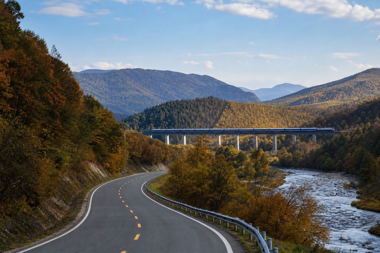 Forest highway crossing autumn hills between Hunchun and Suifenhe