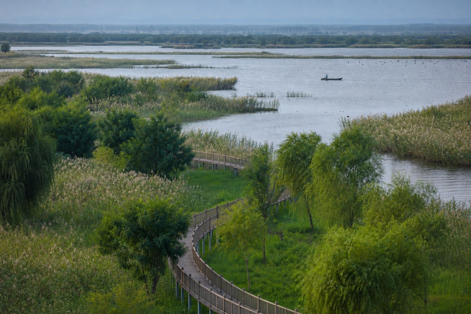 Wetland boardwalk, reed beds, willow groves and river channels around Heixiazi Island
