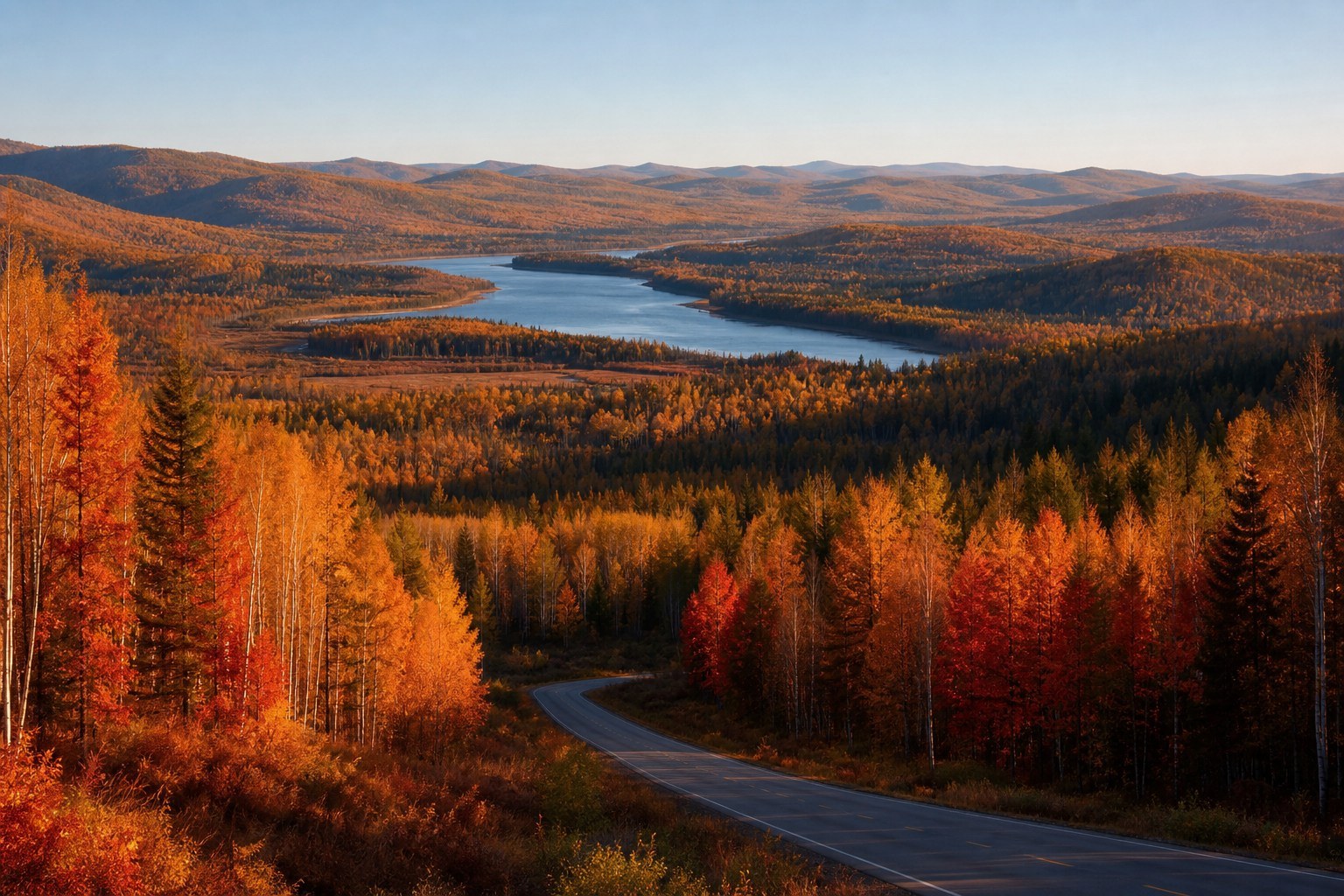 Scenic road through endless autumn birch and red pine forest toward Yichun