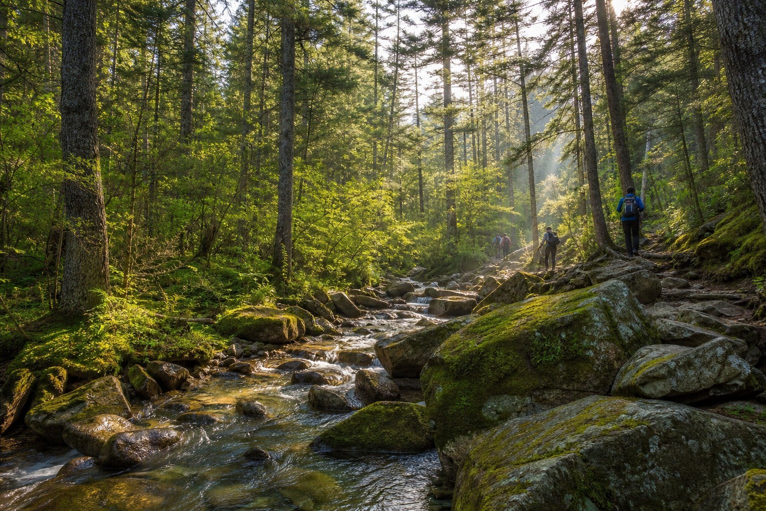 Old-growth red pine forest and clear rocky stream in Yichun