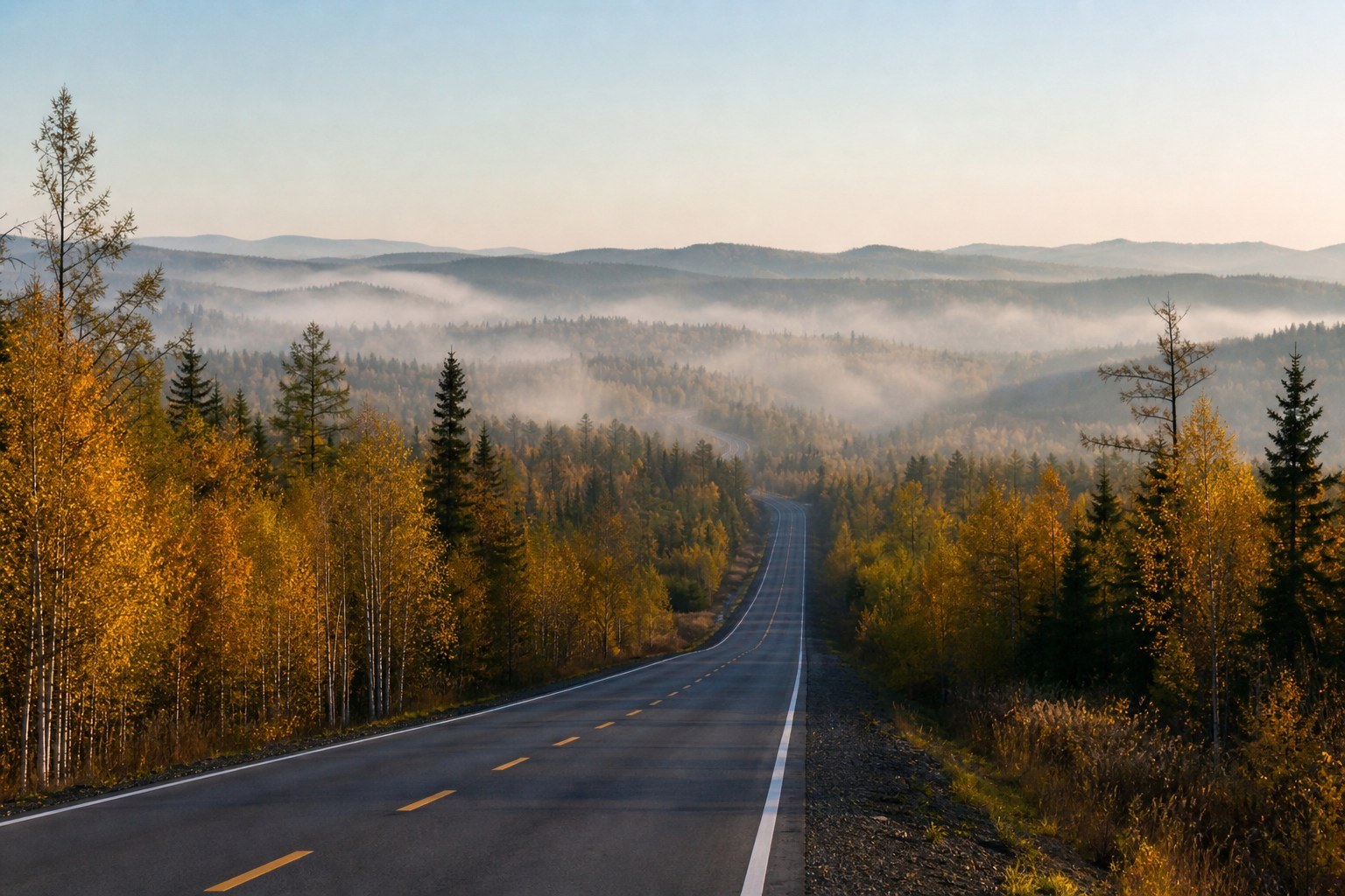 Greater Khingan forest road through golden birch and dark pine toward Tahe