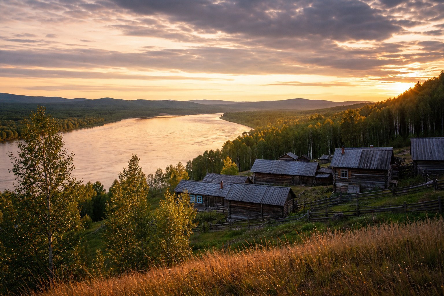 Rustic timber homes beside a broad northern river in Beihong Village