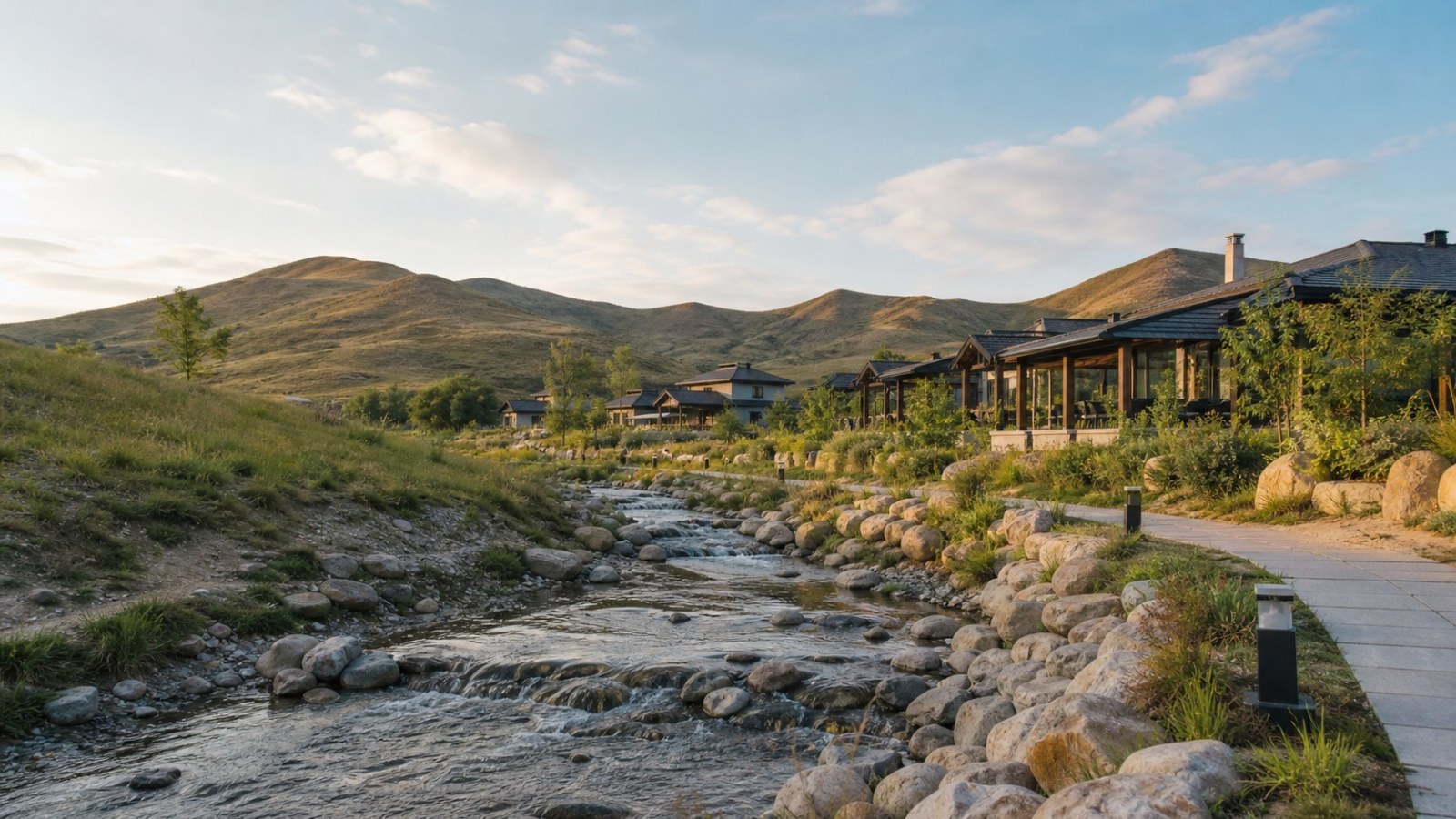 Low hills, clear stream and a landscaped lodge at Kazuo Yulong Valley