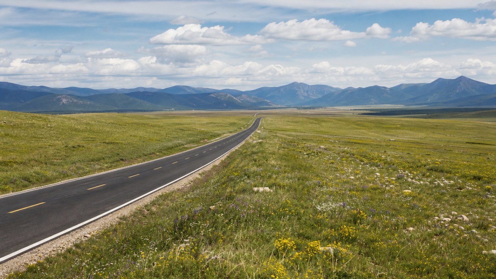 Scenic road through open grassland and wildflowers near Arxan